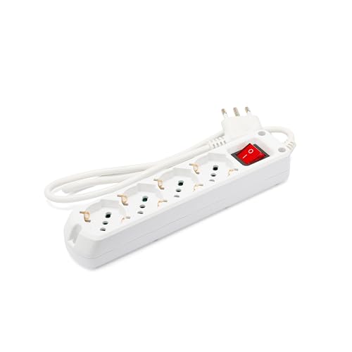 Regleta Italiana con 4 enchufes Schuko de Doble función de 10/16 A, Interruptor Iluminado, Cable de 3 m y Enchufe Grande de 16 A Que Ahorra Espacio.