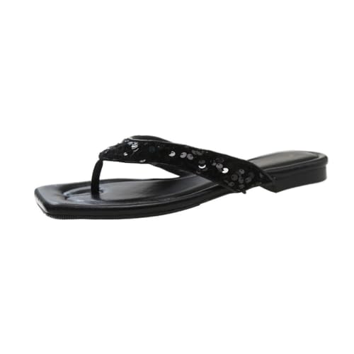 HBJWOV Flat Black Sequin Casual Sandals And Slippers For External Wearing Toe Clipped Sandals And Slippers