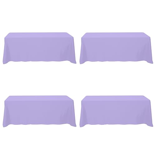Image of BRILLMAX 4 Pack Lavender Tablecloths 90x156 Inch for 8ft Rectangle Tables | 150 GSM Polyester Fabric, Floor Length Drop, Water, Stain & Wrinkle Resistant Cloth Cover for Wedding Reception Banquet Party