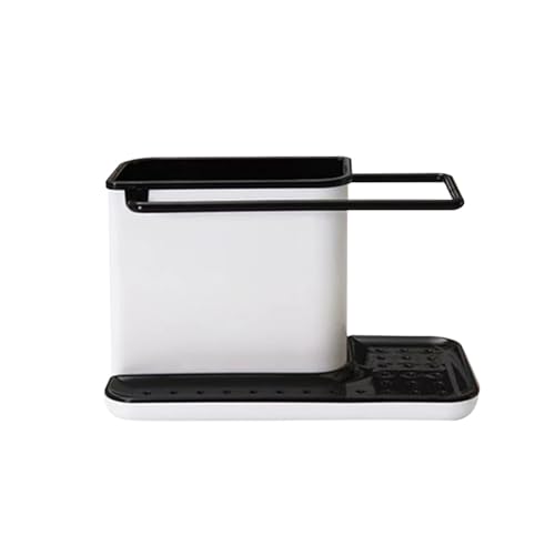 BTGGG Kitchen Sink Organiser Kitchen Tidy Sink Caddy Cleaning Non-Slip Plastic Washing up Caddy Kitchen Dish Brush Organiser Storage with Drain Tray Sponge Holder and Cloth Hanger, White with Black