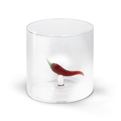 WD Lifestyle - Bicchiere in Vetro Borosilicato 250ml con Soggetto in Vetro Colorato Interno (Peperoncino)