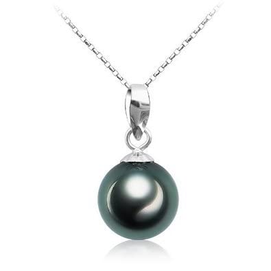 VIKI LYNN Perle de Tahiti Collier Femme Pendentif de Perle de Culture Noire Forme Classique en 18K Or Blanc et Diamètre de perle de 9-10mm classe AAA