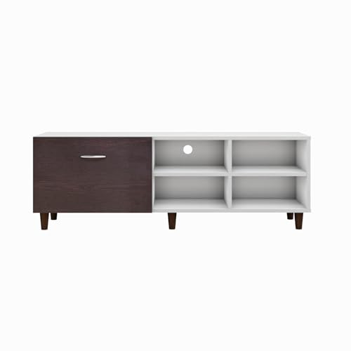 Image of VIKI Modern TV Unit for Living Room | Engineered Wood TV Cabinet with 1 Drawer Storage & 2 Open Shelves, Entertainment Unit, 140W x 48H x 40D cm | DIY | 1 Year Warranty (White & Wenge)