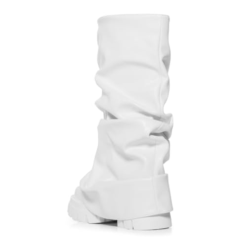 Women's Platform fold over Round Toe Chunky Heel wide calf Boots Fashion Pull-On Party Slouchy Shark Mid Calf Shoes3