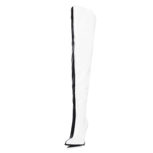 FSJ Women Sexy Pointed Toe Stiletto Heel Over the Knee High Boots Multicolor Smooth Leather Side Zipper Color Matching Wedding Party Dress Shoes Size 4-16 US