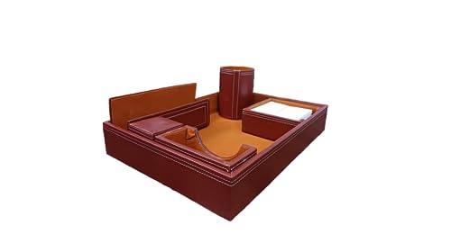 Image of LUVYANSH Genuine Leather Multipurpose Desk Organizer 6-in-1 Desktop Pen Stand With Business Card Holder Mobile Holder & Remote Stand for Office Desk Table Storage Organizer Box(Brown) Colour