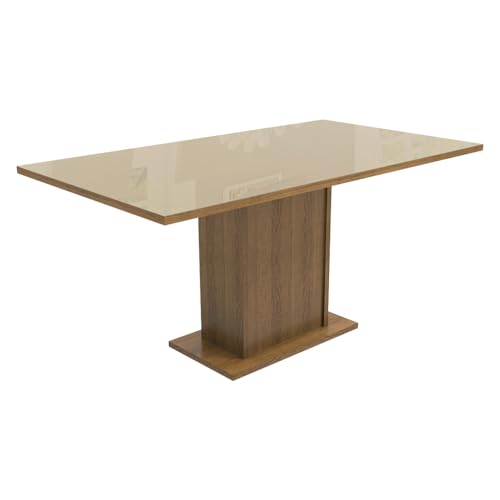 Image of Madesa 4 Seater Dining Set Rectangular Glass Table Top Sturdy Wooden with Cushioned Seats 160 Cm for Dining Room and Kitchen - Brown /Cream