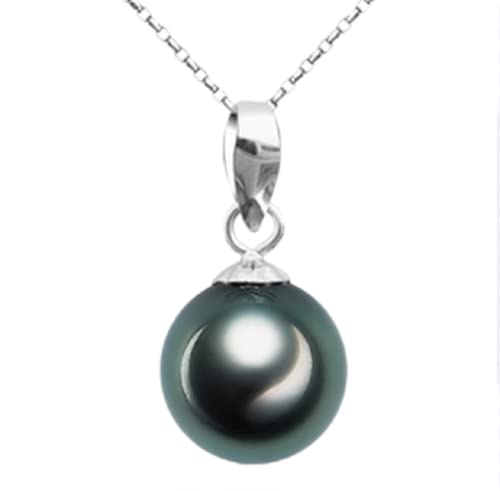 Lzz 925 Sterling Silver Tahitian Nanhai Freshwater Cultured Black Pearl Pendant Necklace - 9-10mm Round Pearl Ladies Necklace