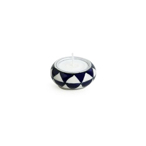 Image of ExclusiveLane 'Shimmering Mughal' Ceramic Table Tea Light Candle Holders for Home Decoration (Set of 4, Geometric Handpainted) |Tea Light Holder Decorative Tea Light Candle Holder Stand for Decoration