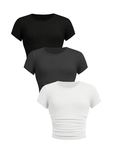 Image of SOLY HUX Girl's Basic Crop Top Set Crew Neck Short Sleeve T-Shirts 3 Packs Casual Summer Fitted Tees