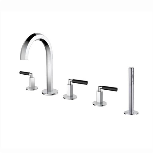 Robinet de baignoire 5 trous chromé avec douchette extractible et 3 poignées pour bord de bain