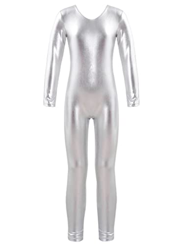 Feeshow Kids Boys Girls Full Length Bodysuit Unitards Spandex Zentai Costumes Gymnastics Leotard Silver 8 Years #TOP23