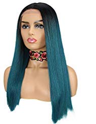 NOBLE Light Green Lace Front Wigs Ombre Yaki Straight Long Hair Wig Middle Part Colorful Synthetic Front Lace Wigs Heat Resistant Synthetic Wig for Black Women (19.5inches, TT1B/DTEAL)