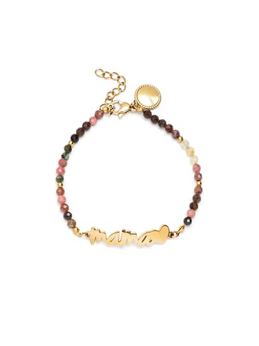 SINGULARU - Pulsera Mamá Heart Tourmaline. Acero con Baño en Oro de 18 Kt y Piedras Naturales. Joyas Para Mujer.