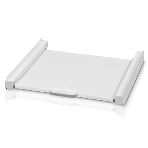 Xavax Zwischenbausatz mit Ausziehplatte aus Metall (Universal Verbindungsrahmen für Waschmaschinen und Trockner, Zwischenbaurahmen mit Auszug als Ablage für Wäschekorb, inkl. Zurrgurt) weiß