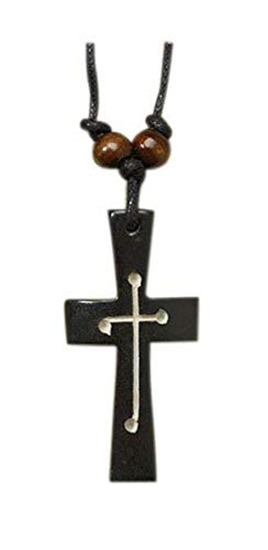 CB Carved Resin and Wood Black Overlay Cross Pendant on Cord Chain, 2 1/8 Inch
