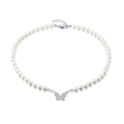 MOROTOLE Schmetterlings-Perlenkette für Damen Runde weiße simulierte Muschelperlenkette Strass-Schmetterlings-Anhänger-Halskette für Mädchen Cover