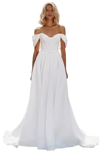 Satin A Line Empire Waist Ivory Boho Wedding Dress for Bride Simple Off Shoulder Sleeveless Backless Pleated Corset Soft Wedding Gown 2026 US12