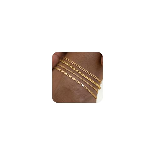 Image of Tewiky Waterproof Ankle Bracelets for Women, 14K Real Gold Plated Anklets for Women 6PCS Anklet Set Dainty Summer Beach Jewelry