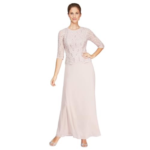 Image of Alex Evenings Women's 3 /4 Sleeve Stretch Lace Bodice Mock One Piece Gown