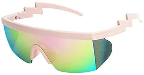 Image of ShadyVEU Semi Rimless Neon Rainbow Sunglasses Mirrored Lens UV Protection 80s Retro Rave Shades Crooked ZigZag Bolt Arm
