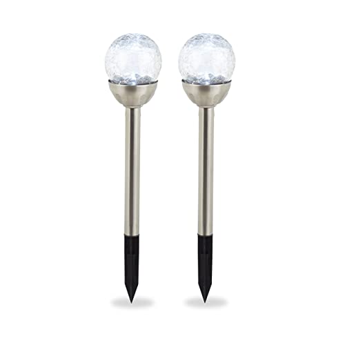 Relaxdays Solarlampen für außen, 2er Set, LED Garten Solarleuchten Kugel, weißes Licht, wasserdicht, Erdspieß, silber