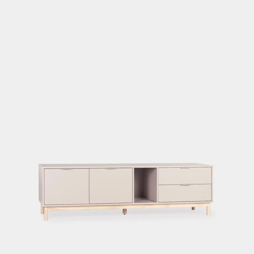 KLAST Meuble TV Elian, Laqué Blanc, 2 Portes et Tiroirs, Style Nórdique, Rangement Ordonné, Dimensions 54 x 180 Cm.