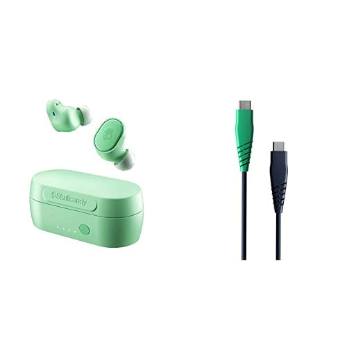 Skullcandy Sesh Evo True Wireless in-Ear Earbuds - Pure Mint with Line Round Charging Cable, USB-C to USB-C - Dark Blue/Green, 4ft