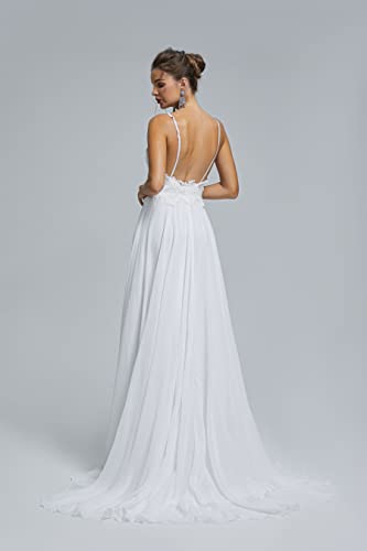 Image of Spaghetti Chiffon Beach Wedding Dress V Neck A line Bridal Gowns Lace Plus Size Wedding Dress