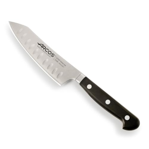 Arcos Cuchillo Santoku 5 pulgadas Acero Inoxidable Nitrum y Hoja 145 mm, Mango ergonómico polioximetileno POM, Diseño clásico y acabado redondeado, Serie Opera, Color negro