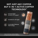 Diagram showing 4-in-1 Active Copper Technology filter, indicating controlled release of copper suitable for all ages.
