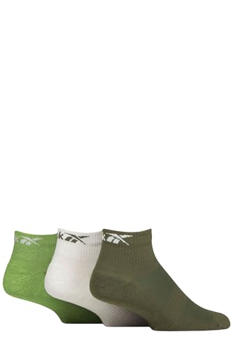 Image of Reebok Unisex 'Essentials' Ankle Socks - Mens & Ladies, Plain, Cotton with Arch Support, Cushioning & Mesh Top, Sports Use, 3 Pair Multipack UK Size Range 2.5-10 Green/White/Lime 6.5-8 UK
