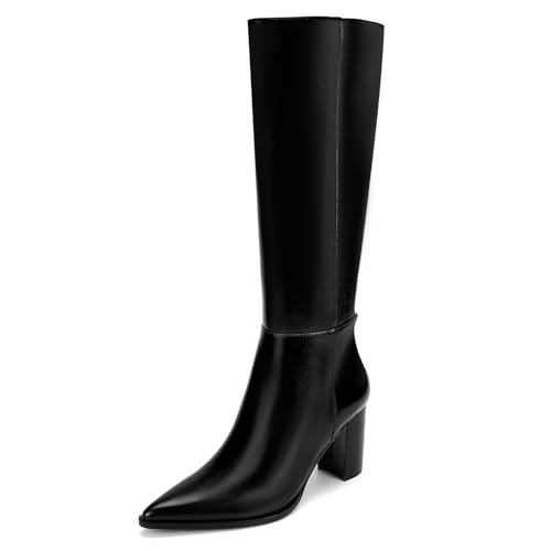 Knee High Boots Pointed Toe Chunky Block Mid Heeled Boots for Women Elastic Side Zip Long Boots