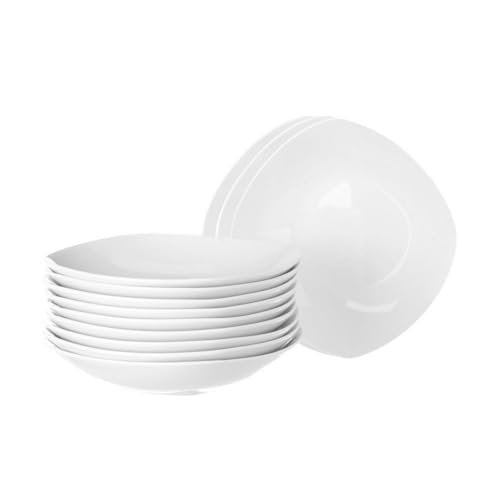 CasaSelección Juego de 12 Platos Cuadrados Hondos de Porcelana Blanca de Diseño Moderno de 21.5 cm – Aptos para Lavavajillas y Microondas – Ideal para Sopas, Pastas y Platos Calientes