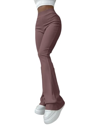 Image of Jawdrobe Women's High Waist Ribbed Flared Pants Stretchable Slim Fit Bootcut Trousers Soft Knit Casual Wear for Daily Office Travel (for Ideal Height 5.3)
