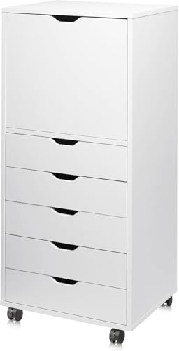 Image of DEVAISE Wood File Drawers, Mobile Office Cabinet with 5 Drawer and 1 Door, Rolling Filing Drawer for Home Office, White