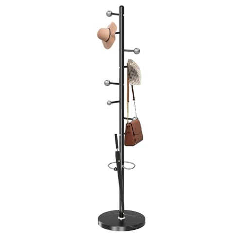 Waavryee 70-inch black metal coat rack with marble base, ball hooks and integrated umbrella holder — the budget pick with a stated 180-lb claim