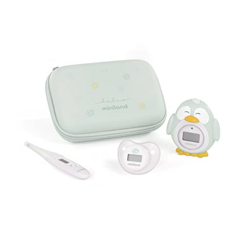 Miniland - Thermokit Dolce Mint: Set de Termómetros para Bebé con Práctico Neceser, Termómetro Corporal Flexible, Chupete y de Baño con Forma de Pingüino, Ideal para Recién Nacido, Color Menta