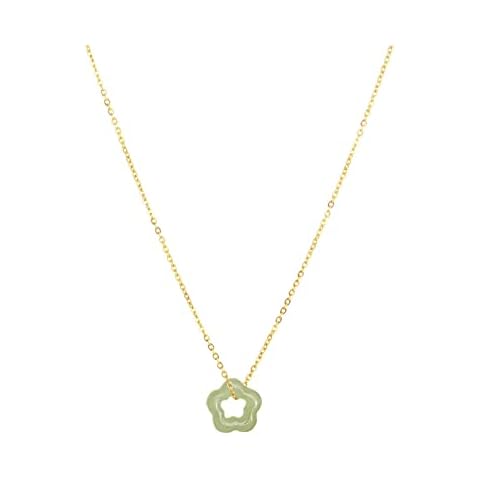 Moonffay Womens Dainty Natural Green Jade Crystal Stone Necklace, Star Donut Gemstone Choker Flower Pendant with 16 inches Stainless Steel Chain, Gift for Mother（Light Cover