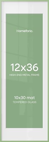 Image of Homeforia 12x36 Sage Green Picture Frame, High End Metal 12by36 Poster Frames with Mat 10x30 Photo, 12 x 36 Green Frame Matted to 10 x 30 Art, 36x12 Panoramic Frame, Tempered Glass, Wall Kit, Set of 1