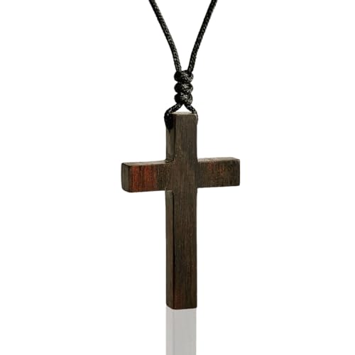 Holy Fringe Natural Ebony Wood Cross Necklace for Men & Women - Wood Cross Pendant Necklace for Car Mirror - Wooden Religious Pendant Jewelry (1.8 x 1.1)