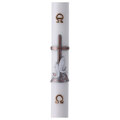 White Paschal Candle, Fishes Over Copper Cross, 3x47 in