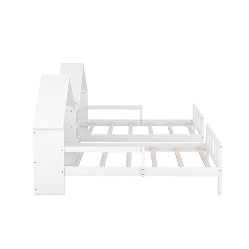 SOFTSEA Twin Double Bed Frames with Storage for Kids, Montessori Double Twin Size House Platform Bed with Nightstand, Two Shared Bed for 2 Kids, No Box Spring Needed, White