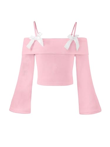 WDIRARA Girl's Cold Shoulder Bow Top Long Bell Sleeve Tee Shirt Cute T-Shirt