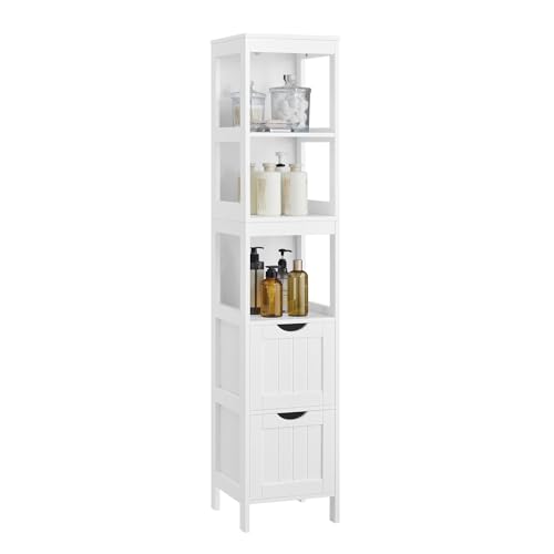 VASAGLE Bathroom Floor Cabinet, Freestanding Bathroom Storage Unit, with 2 Drawers, 3 Open Compartments, for Bathroom, Living Room, Kitchen, Modern Style, White BBC66WT