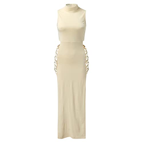 Robe maxi en mousseline d'été col rond sans manches coupe trapèze et fente latérale