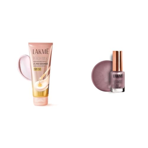 Image of Lakme Peach Milk Sunscreen Moisturiser SPF 50 PA with 2% Pro-Ceramides Peptides LAKME Ultimate Glam Chrome Nail Paint, Dusty Rose 6ml