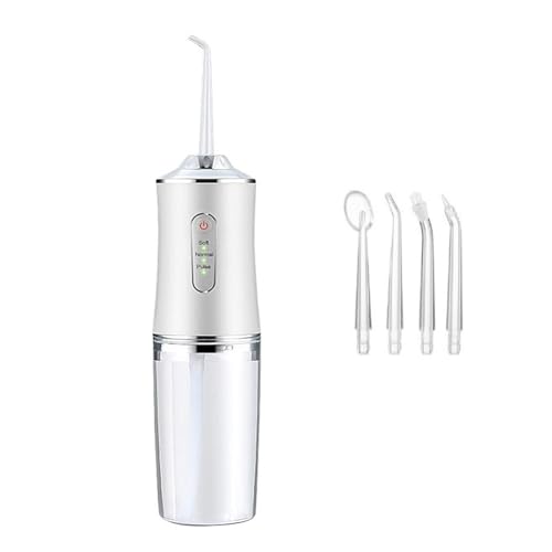 FOGARI Irrigador bucal inalámbrico, limpiador dental eléctrico, inalámbrico, 3 modos con 4 puntas jet para limpieza bucal y frenos, color blanco