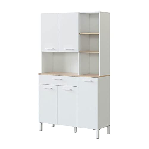 PEGANE Buffet Meuble Cuisine 5 Portes + 1 tiroir Coloris Blanc Artic/chêne Canadien - Hauteur 186 cm x Longueur 108 cm x Profondeur 40 cm