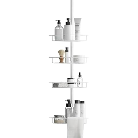 Zenna Home Tension Pole Shower Caddy with 4 Basket Shelves with Towel Bars, White, 60-97 Inch – Rust-Resistant Corner Shower Organizer – Premium, Adjustable Bathroom Shower Rack for Bath Essentials Cover